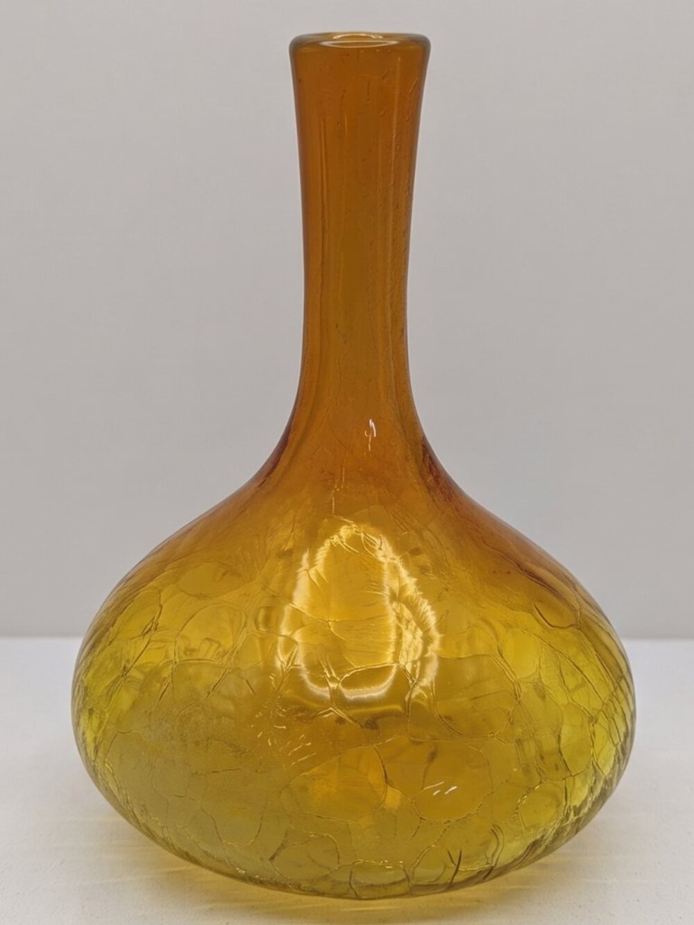 VTG Blenko Amber Crackle Glass Bottle Vase Long Neck Bulbous MCM Art Glass 9"